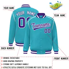 Aqua Purple-White Color Block Ribbon Varsity Full-Snap Bomber Jacket 2
