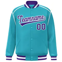 Aqua Purple-White Color Block Ribbon Varsity Full-Snap Bomber Jacket 3