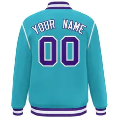 Aqua Purple-White Color Block Ribbon Varsity Full-Snap Bomber Jacket 4