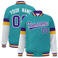 Aqua Purple-White Color Block Varsity Full-Snap Baseball Jacket