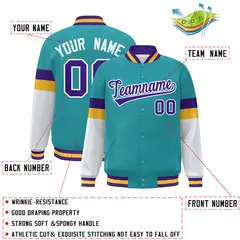 Aqua Purple-White Color Block Varsity Full-Snap Baseball Jacket 2