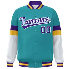 Aqua Purple-White Color Block Varsity Full-Snap Baseball Jacket 3