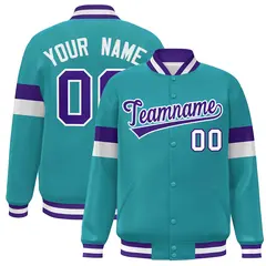 Aqua Purple-White Color Block Varsity Full-Snap Baseball Jacket 1