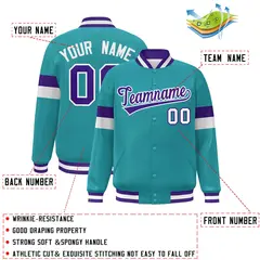 Aqua Purple-White Color Block Varsity Full-Snap Baseball Jacket 2