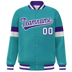 Aqua Purple-White Color Block Varsity Full-Snap Baseball Jacket 3