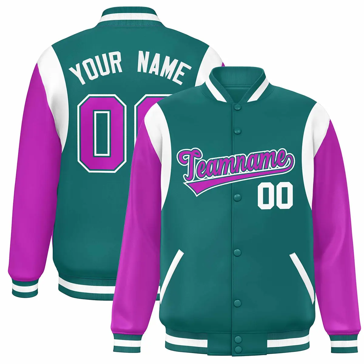 Aqua Purple-White Color Block Varsity Full-Snap Baseball Jacket