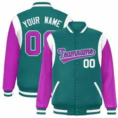 Aqua Purple-White Color Block Varsity Full-Snap Baseball Jacket