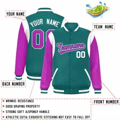 Aqua Purple-White Color Block Varsity Full-Snap Baseball Jacket 2