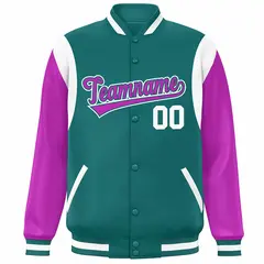 Aqua Purple-White Color Block Varsity Full-Snap Baseball Jacket 3