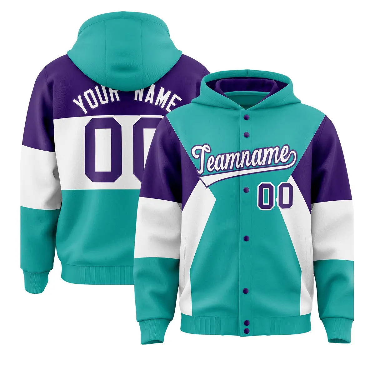 Aqua Purple White Color Block Varsity Letterman Jacket Hoodie