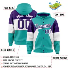 Aqua Purple White Color Block Varsity Letterman Jacket Hoodie 4