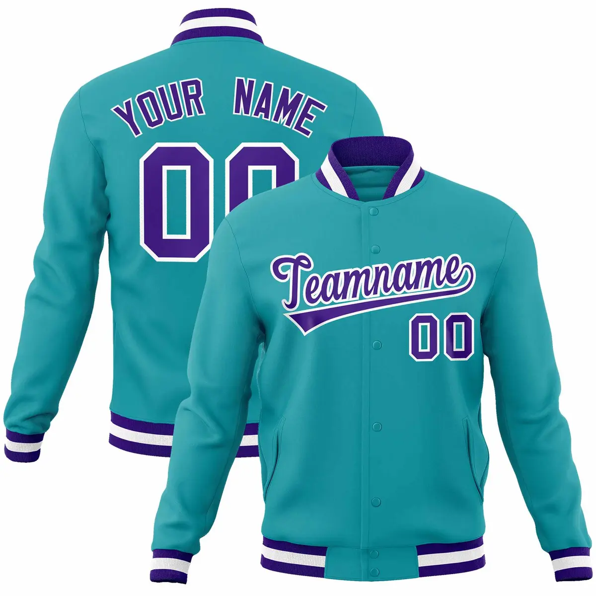 Aqua Purple White Full-Snap Varsity Letterman Jacket
