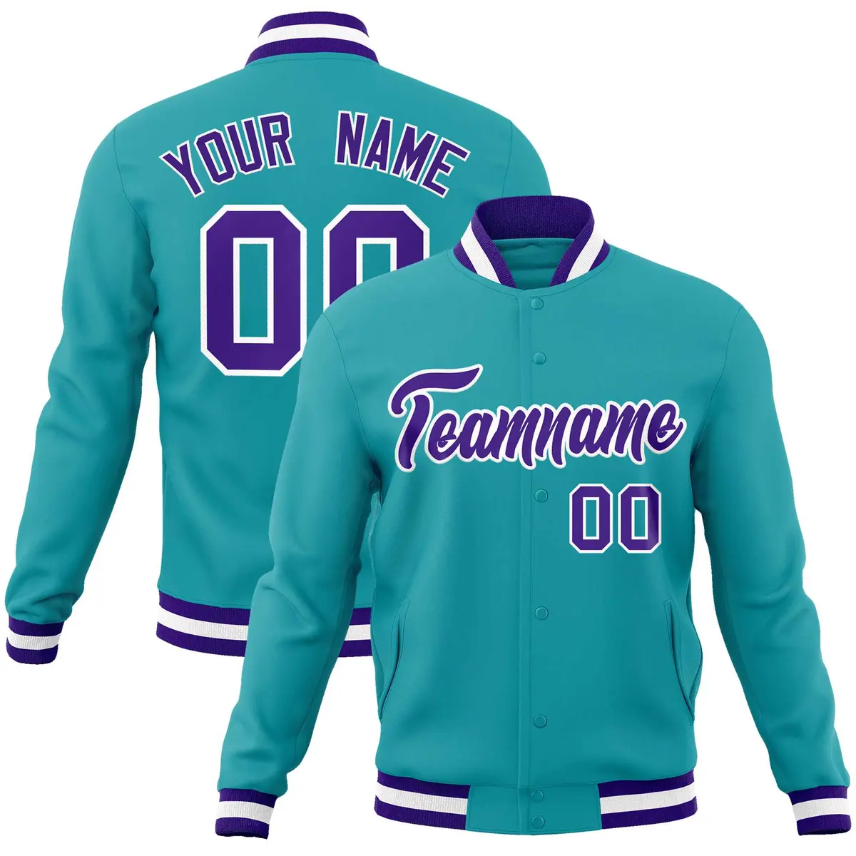 Aqua Purple White Full-Snap Varsity Letterman Jacket