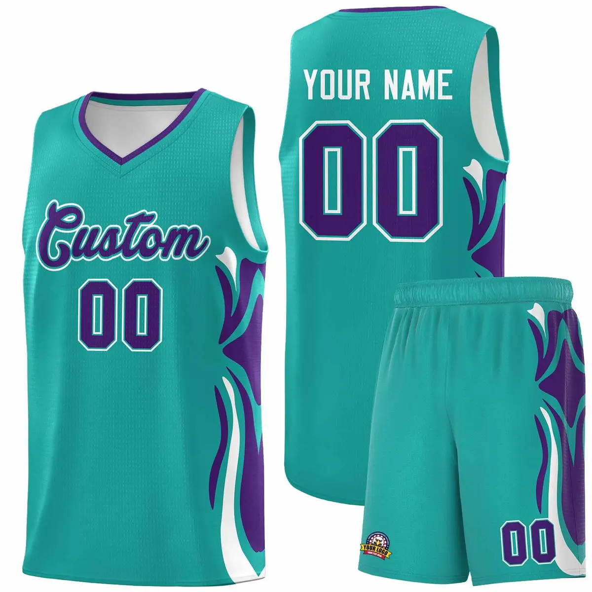 Aqua Purple White Graffiti Side Curve Basketball Jersey Sets