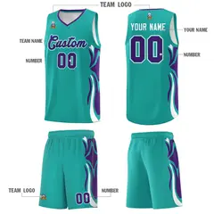 Aqua Purple White Graffiti Side Curve Basketball Jersey Sets 5