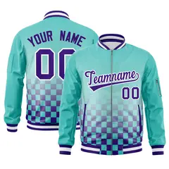 Aqua Purple-White Grid Color Block Letterman Full-Zip Varsity Jacket