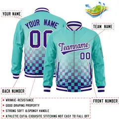 Aqua Purple-White Grid Color Block Letterman Full-Zip Varsity Jacket 2