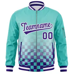 Aqua Purple-White Grid Color Block Letterman Full-Zip Varsity Jacket 3