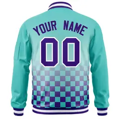 Aqua Purple-White Grid Color Block Letterman Full-Zip Varsity Jacket 4