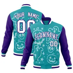 Aqua Purple White Halloween Bats Pumpkins Ghost Letterman Jacket 1