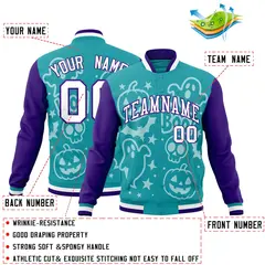 Aqua Purple White Halloween Bats Pumpkins Ghost Letterman Jacket 2