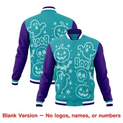 Aqua Purple White Halloween Bats Pumpkins Ghost Letterman Jacket 7