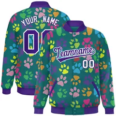 Aqua Purple-White Paw Prints Graffiti Varsity Letterman Baseball Jacket