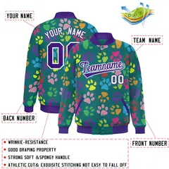 Aqua Purple-White Paw Prints Graffiti Varsity Letterman Baseball Jacket 2