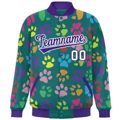 Aqua Purple-White Paw Prints Graffiti Varsity Letterman Baseball Jacket 3