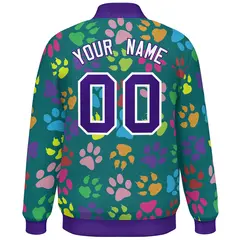 Aqua Purple-White Paw Prints Graffiti Varsity Letterman Baseball Jacket 4