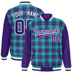Aqua Purple-White Plaid Varsity Letterman Baseball Jacket 1