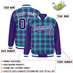 Aqua Purple-White Plaid Varsity Letterman Baseball Jacket 2