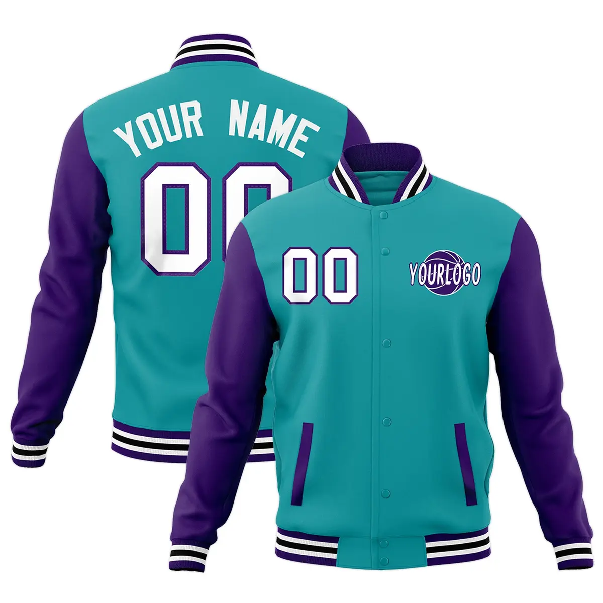 Aqua Purple White Raglan Sleeves Cotton Letterman Jacket