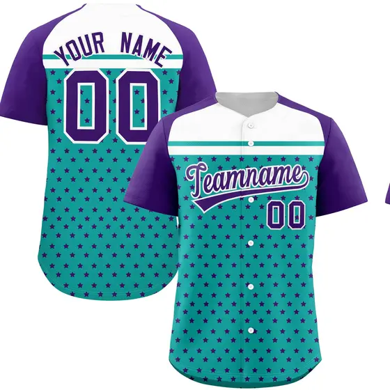 Aqua Purple-White Raglan Star Print Baseball Jersey