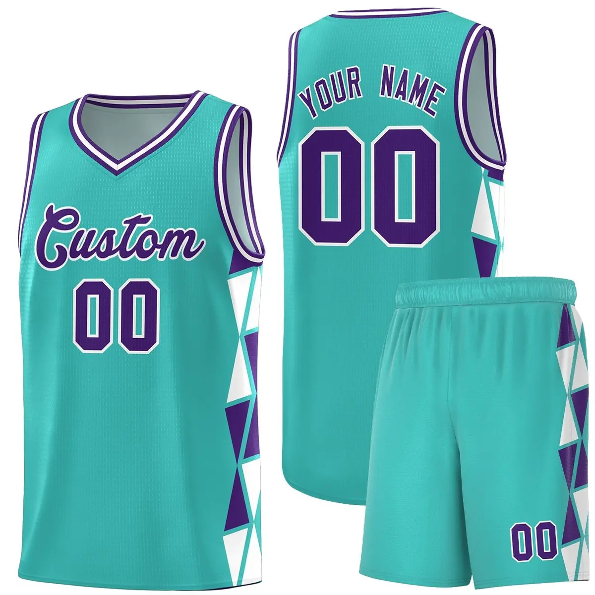 Aqua Purple-White Side Triangle Splicing Basketball Jersey