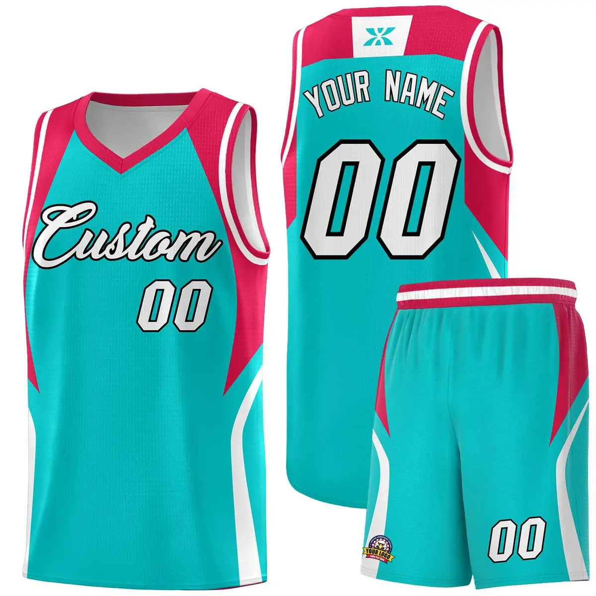 Aqua Red and White Color Block Basketball Uniform Jersey