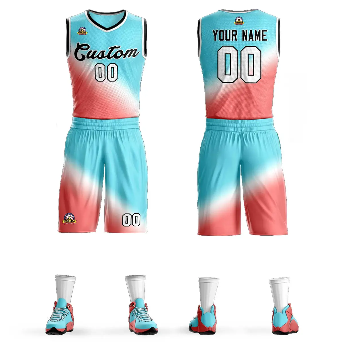 Aqua Red-Black Gradient Slash Fashion Sets Basketball Jersey