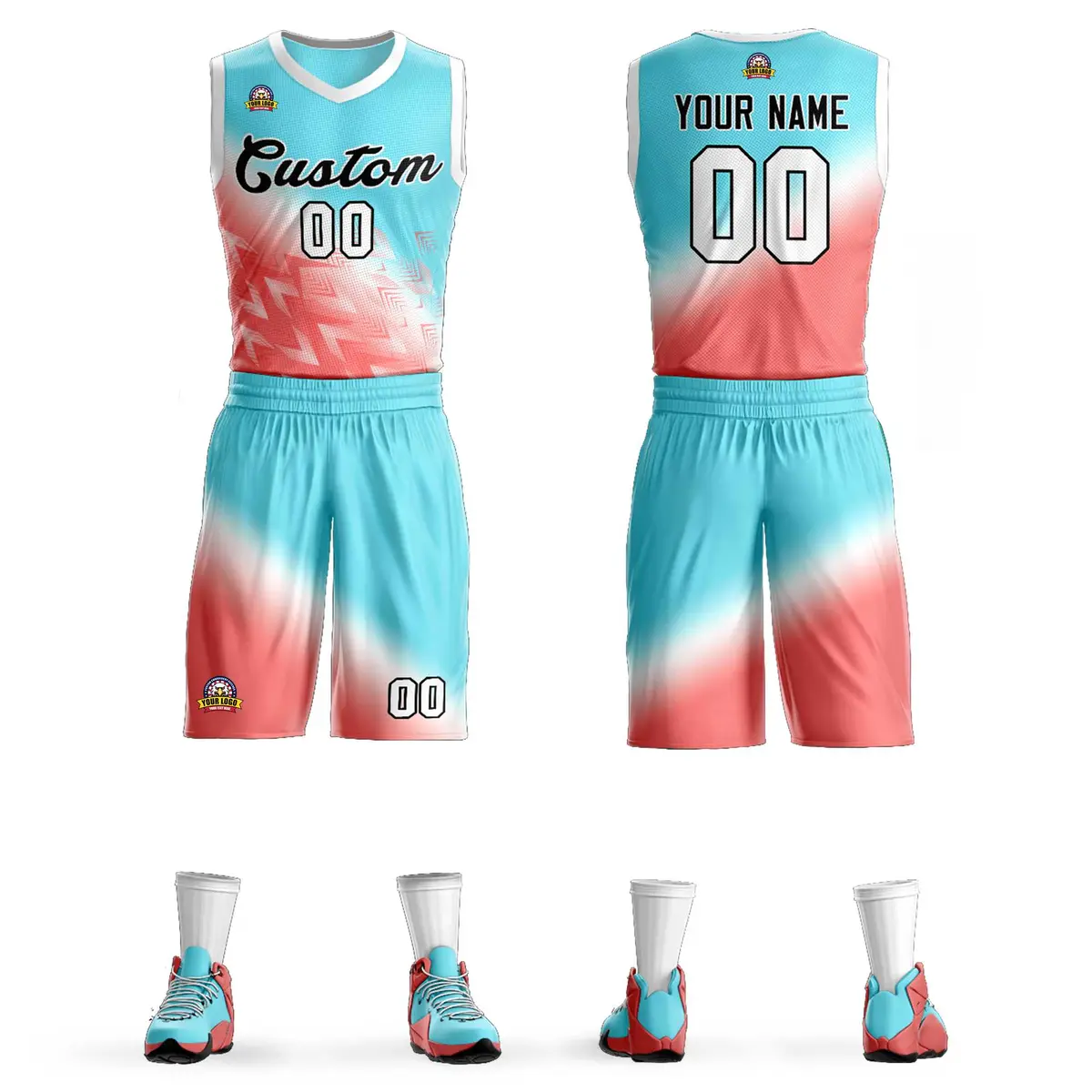 Aqua Red-Black Gradient Slash Fashion Sets Basketball Jersey