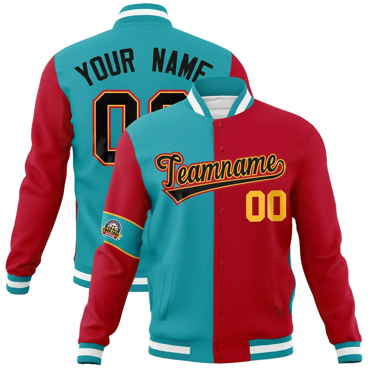 Aqua Red-Black Two Tone Split Letterman Varsity Jacket