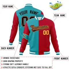 Aqua Red-Black Two Tone Split Letterman Varsity Jacket 4