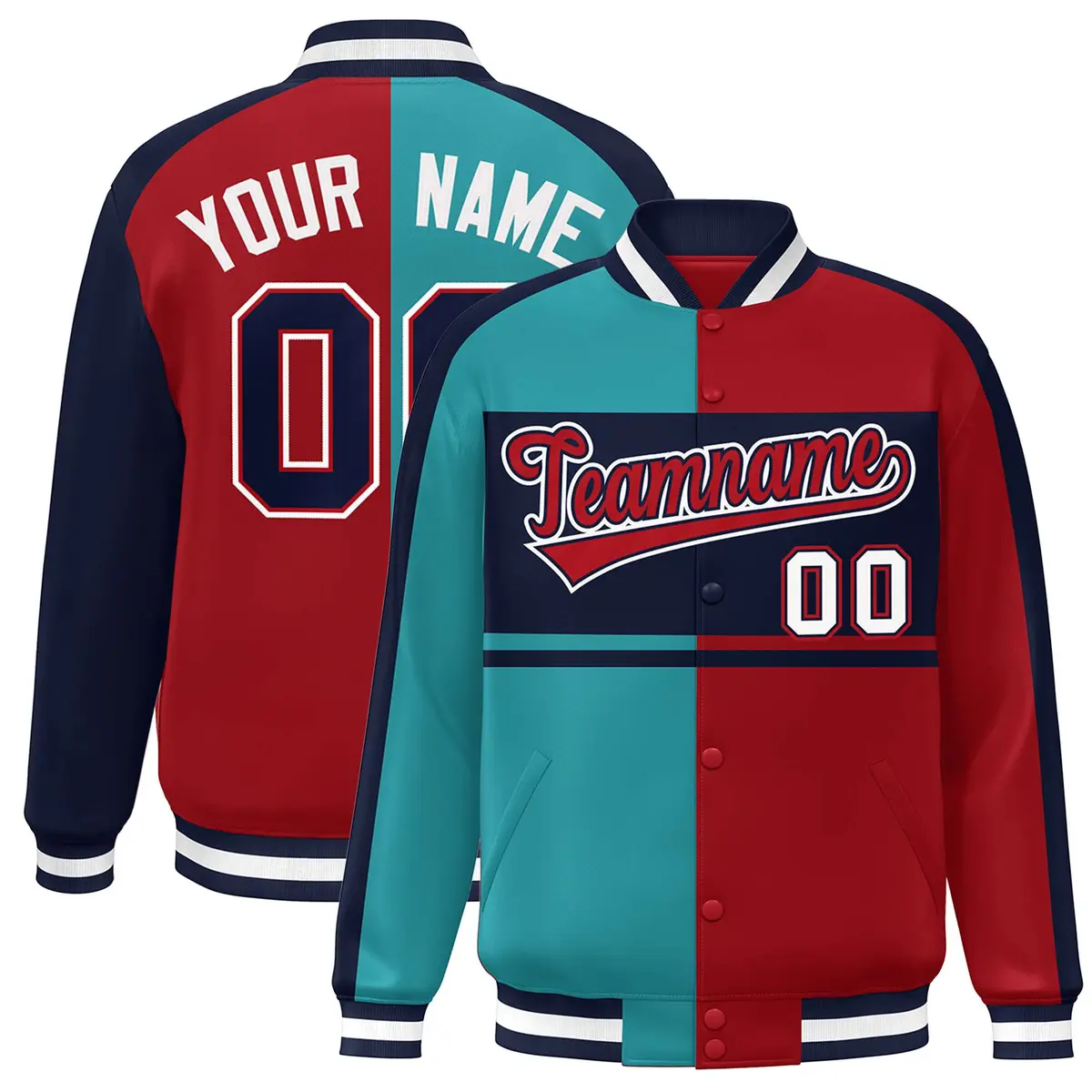 Aqua Red-Navy Color Block Bomber Varsity Baseball Jacket