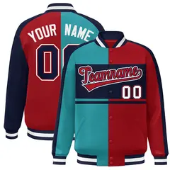 Aqua Red-Navy Color Block Bomber Varsity Baseball Jacket