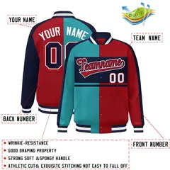 Aqua Red-Navy Color Block Bomber Varsity Baseball Jacket 2