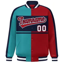 Aqua Red-Navy Color Block Bomber Varsity Baseball Jacket 3