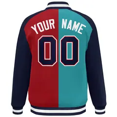 Aqua Red-Navy Color Block Bomber Varsity Baseball Jacket 4