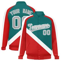 Aqua Red Raglan Varsity Full-Snap Letterman Baseball Jacket 1