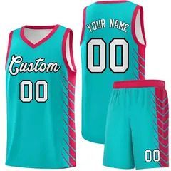 Aqua Red Side Symmetrical Line Pattern Basketball Jersey 1