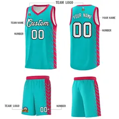 Aqua Red Side Symmetrical Line Pattern Basketball Jersey 5