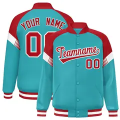 Aqua Red-White Color Block Varsity Letterman Jacket