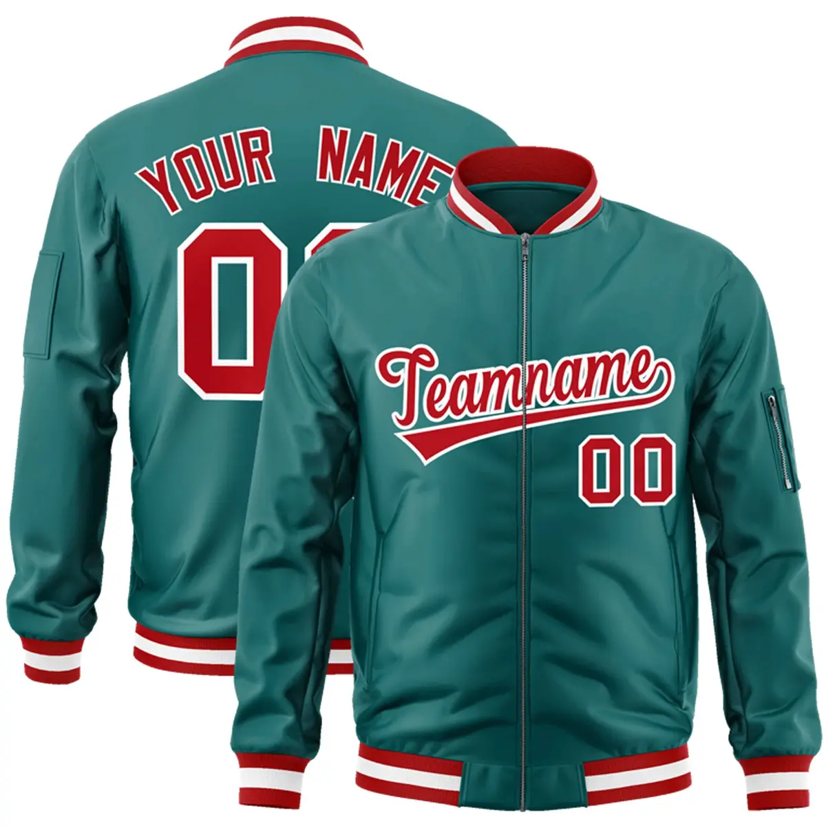 Aqua Red-White Full-Zip Varsity Letterman Bomber Jacket